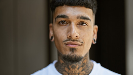Fototapeta premium Young latin man standing with serious expression at street