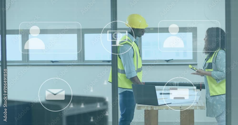 Poster animation of data processing over diverse engineers in hi vis vests