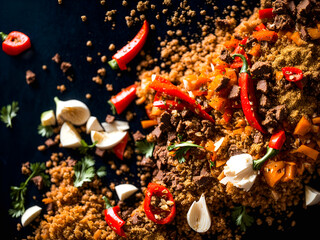 spices powder meat stakes flying on a black background Motion freeze photo composition. herbs. Ai Generate