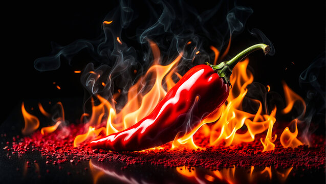 Creative wallpaper with burning red pepper, Red hot chilli pepper in fire on dark black background. Ai Generative