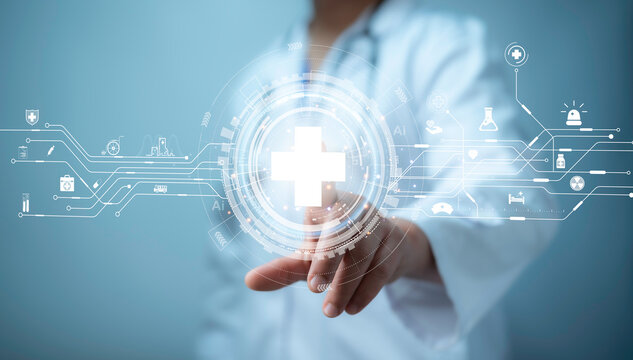 Health care and medical technology services concept. Medical worker using data virtual with health care icons,medical technology background,health insurance business.Health Insurance, telemedicine
