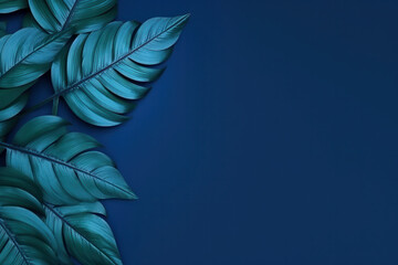 Experience nature's elegance with a Collection of tropical leaves Blue space background enhances the botanical beauty, creating a modern and abstract composition. ai generative