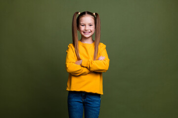 Photo of diligent clever positive schoolgirl with ponytails wear yellow pullover holding arms...