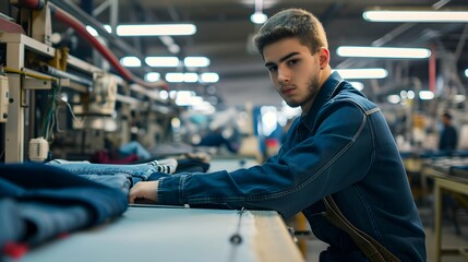 A young male worker in denim jacket leaning on a factory table beside jeans apparel.