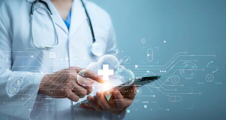 Medical worker touch cloud computing icon network. Cloud technology,Cloud data transfer and online...