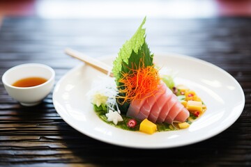 elegant sashimi arrangement with seaweed salad on the side