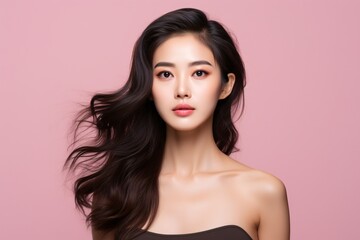 Fototapeta premium A youthful Asian woman with a Korean-inspired makeup look touches her face, revealing flawless skin against a pink backdrop.