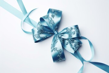 White background with isolated blue ribbon bow patterned gift. Generative AI