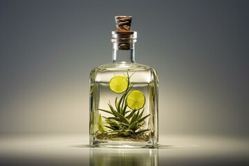 Transparent glass bottle with tequila. Generative AI