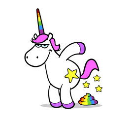 Rosa Cartoon Einhorn mit einem Haufen Regenbogen © Robert Kneschke