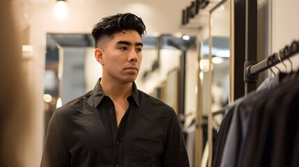 A young man in a black button-up shirt contemplating his reflection in a boutique mirror