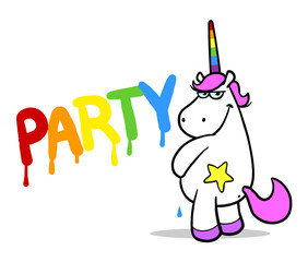 Einhorn pinkelt das Wort Party in Regenbogen Farben