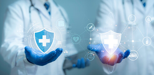 Medical cybersecurity.Security Health Care Concept. Medical Data Insurance and Safety. Medicine secure patient privacy history.lock icon on virtual screen. Access healthcare protection technology.
