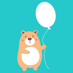 Vector flat cute bear holding ballon with blue background