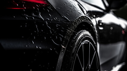 Aesthetic Photo of a Black car Covered in Washing Soap and Foam. Close Up Shot of Foam Dripping from Car's Rear Wheel Arch onto the Electric Car's Tyre and Rim