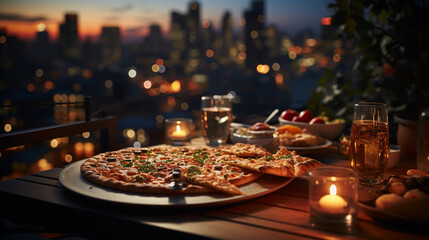 Classic pizza in restaurant at balcony. Evening lights - obrazy, fototapety, plakaty
