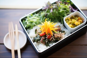 seaweed salad in a bento box with rice, divided compartments - obrazy, fototapety, plakaty