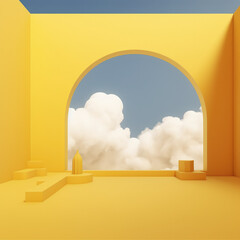 Immerse yourself in a Yellow 3D tunnel art picture Abstract minimalism at its finest, with a remarkable 3D render set against a striking yellow background, and pristine white clouds. ai generative