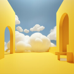 Explore a Yellow 3D tunnel art picture A mesmerizing journey through abstract minimalism with a striking yellow background and pristine white clouds emerging. ai generative