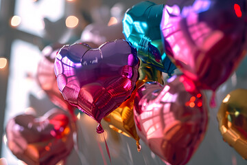 Balloons in heart shape flying with levitation, against a pastel background with rainbow palette and soft lighting,