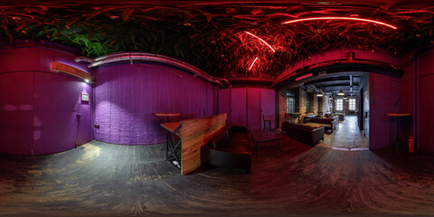 full spherical seamless hdri  360 panorama in interior stylish vintage loft nightclub bar with brick wall and neon light in equirectangular projection. VR content - obrazy, fototapety, plakaty