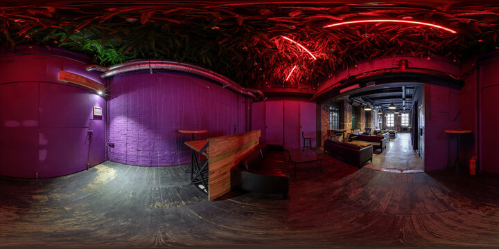 full spherical seamless hdri  360 panorama in interior stylish vintage loft nightclub bar with brick wall and neon light in equirectangular projection. VR content - Powered by Adobe