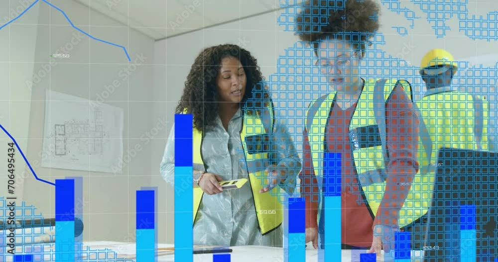 Poster animation of data processing over diverse engineers in hi vis vests
