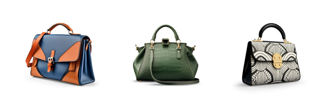 set collection of stylish women handbag purse, red and white leather, different colors and style, luxury elegant ladies hand bags isolated on white png transparent background