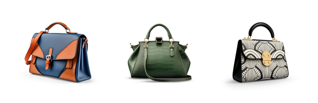 set collection of stylish women handbag purse, red and white leather, different colors and style, luxury elegant ladies hand bags isolated on white png transparent background