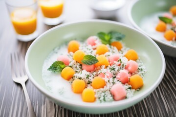 coconut water smoothie bowl with melon balls and mint leaves