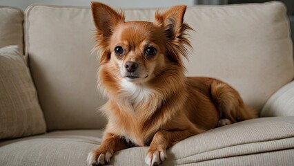 Red chihuahua dog lying on sofa at home