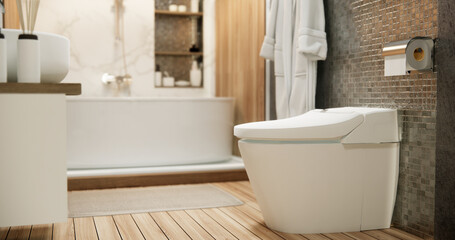 Fototapeta na wymiar Toilet and decoartion on modern zen toilet room japan style .3D rendering