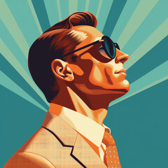 Ilustracion de estilo vintage de hombre de perfil con ropa elegante y gafas de sol, con fondo de tonos verdes - obrazy, fototapety, plakaty