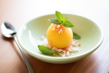 melon sorbet balls in a half melon with mint
