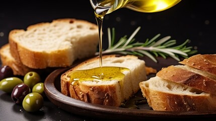 A Rich Close-Up of Olive Oil Gently Pouring onto Artisanal Bread in the Dim Light - obrazy, fototapety, plakaty