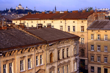 Ukraine. Lviv.View from above of the historical part of the city.