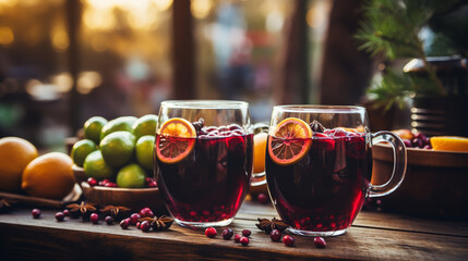 Christmas mulled red wine with spices and fruits on a wooden rustic table. Traditional hot drink at...
