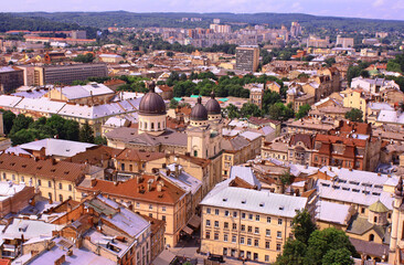 Ukraine. Lviv.View from above of the historical part of the city.