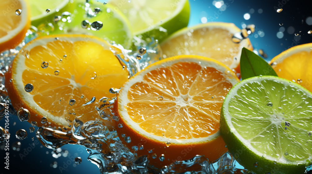 Wall mural art citrus photo of lemon, orange and lime in the juice splash. fresh citrus