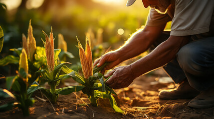 A man inspects a corn field and looks for pests. Successful farmer and agro business