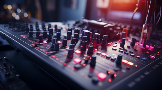 DJ Music night club, DJ technique - CD players and DJ console during the party. Prepared four your text. - Powered by Adobe