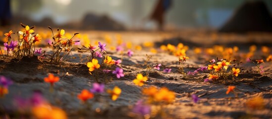 Tiny, colorful flowers bloom naturally in the floor of Bangladesh village fields during winter. They don't require planting and grow on their own in the paddy fields, thanks to nature's grace. - obrazy, fototapety, plakaty