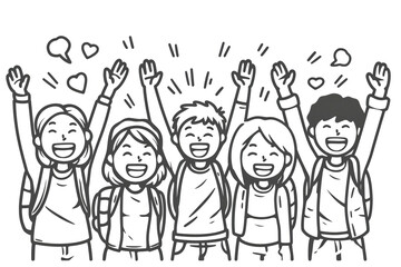 Line drawing illustration of happy friends or students raised arms. - obrazy, fototapety, plakaty