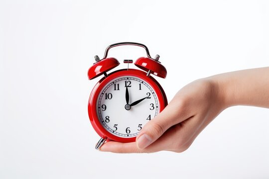 Red Alarm Clock in Hand on White Background. Concepts: Time, Early Morning, Punctuality, Lark, Early Bird.