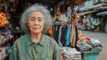 Obraz premium Portrait of an old Asian woman ahead of a stall in a clothing market.