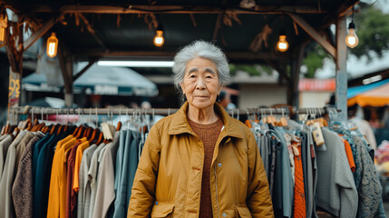 Fototapeta premium Portrait of an old Asian woman ahead of a stall in a clothing market.