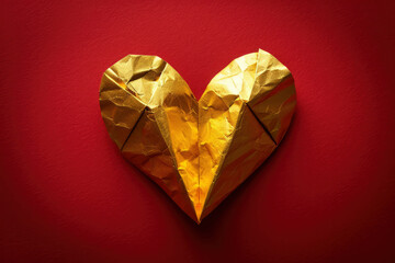 Fototapeta premium A Golden Heart Shape Folding on Red Background