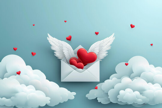 card with picture of paper envelope with wings, inside of which there are red hearts