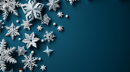 Magical heavy snow flakes backdrop. Snowstorm speck ice particles. Snowfall sky white teal blue...