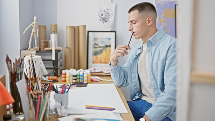 A thoughtful young man contemplating in an art studio surrounded by paintings, brushes, and art supplies.